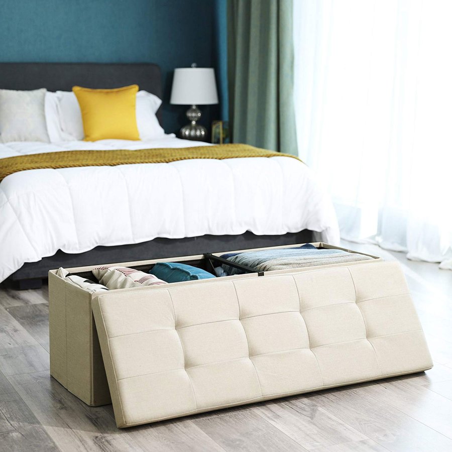 SONGMICS Hopf&auml;llbar f&ouml;rvaringspuff, tuftad b&auml;nk, fotpall med lock, konstlinnetyg, 120 l, rymmer upp till 300 kg, 110 x 38 x 38 cm (L x B x H), beige LSF77BE