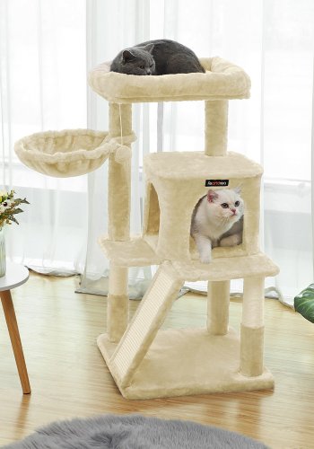 FEANDREA PCT51M Stor kradsetr� til katte, m. platform, hule, h�ngek�je - beige plys/sisal (H:96)
