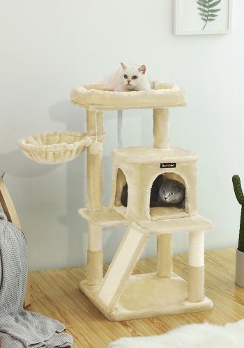 FEANDREA PCT51M Stor kradsetr� til katte, m. platform, hule, h�ngek�je - beige plys/sisal (H:96)