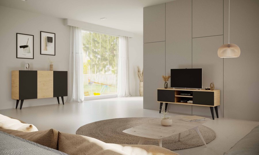 KOCOT RTV Toronto TV-bord, m. 2 drer og 1 hylle - naturlig og svart bk (120x35)