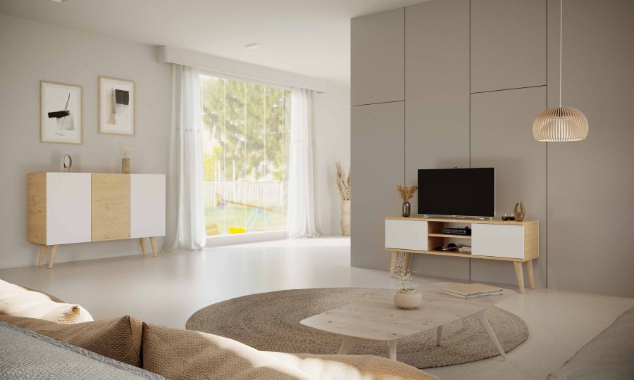 KOCOT RTV Toronto TV-bord, m. 2 drer og 1 hylle - naturlig og hvit bk (160x35)