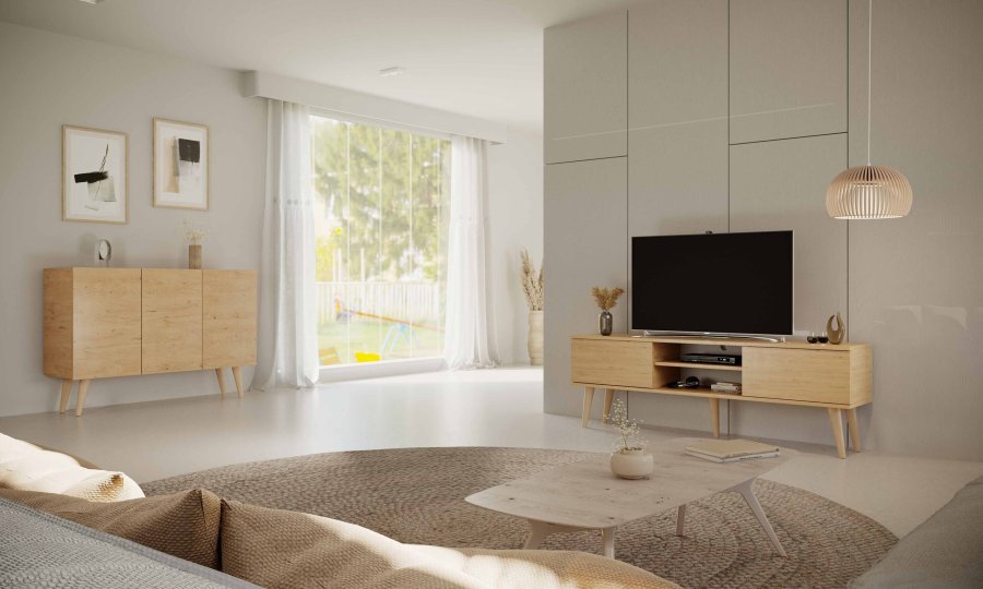 KOCOT RTV Toronto TV-bord, m. 2 drer og 1 hylle - naturlig bketre (160x35)