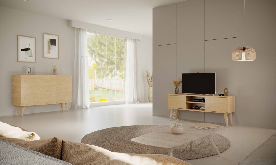 KOCOT RTV Toronto TV-bord, m. 2 drer og 1 hylle - naturlig bketre (120x35)