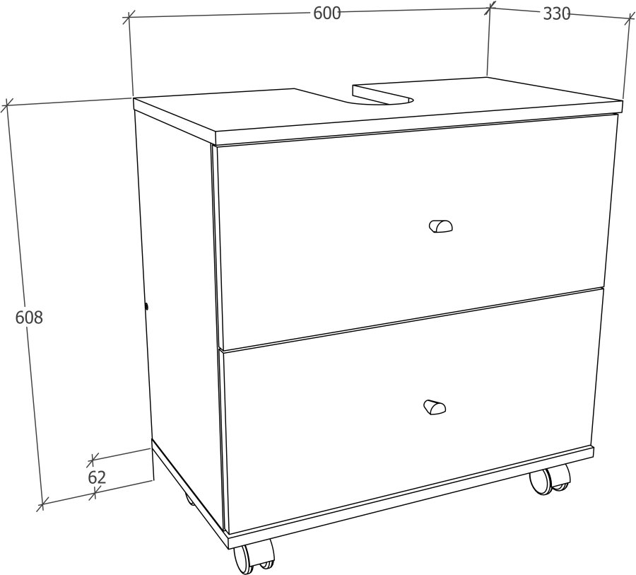 VCM NORDIC Nilosi L baderomsunderskap, m. 2 skuffer og 4 hjul - hvit melamin