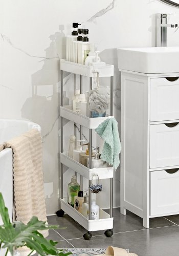 SONGMICS F�rvaringsvagn med 4 v�ningar p� hjul, Plastf�rvaringsenhet, Platsbesparande hyllorganisat�r f�r sm� utrymmen, Badrum/K�k, 40 x 12,5 x 88 cm, Vit KSC08WT