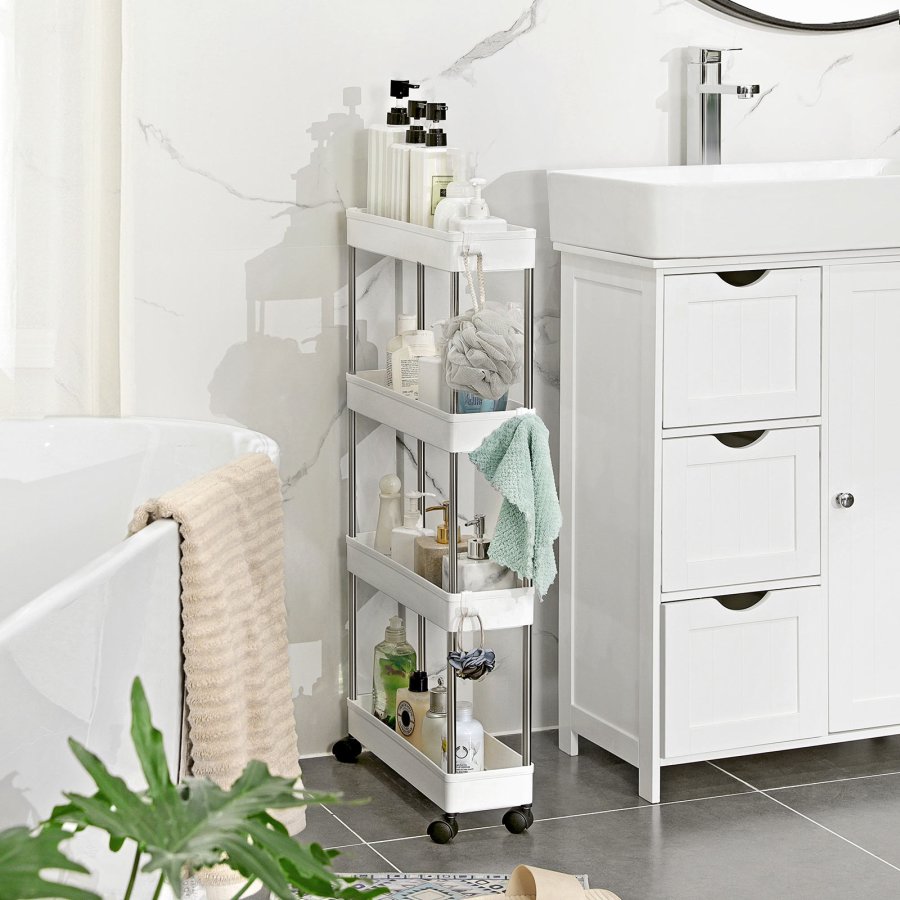 SONGMICS F�rvaringsvagn med 4 v�ningar p� hjul, Plastf�rvaringsenhet, Platsbesparande hyllorganisat�r f�r sm� utrymmen, Badrum/K�k, 40 x 12,5 x 88 cm, Vit KSC08WT