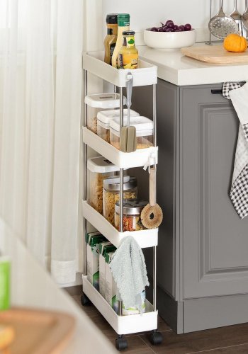 SONGMICS F�rvaringsvagn med 4 v�ningar p� hjul, Plastf�rvaringsenhet, Platsbesparande hyllorganisat�r f�r sm� utrymmen, Badrum/K�k, 40 x 12,5 x 88 cm, Vit KSC08WT
