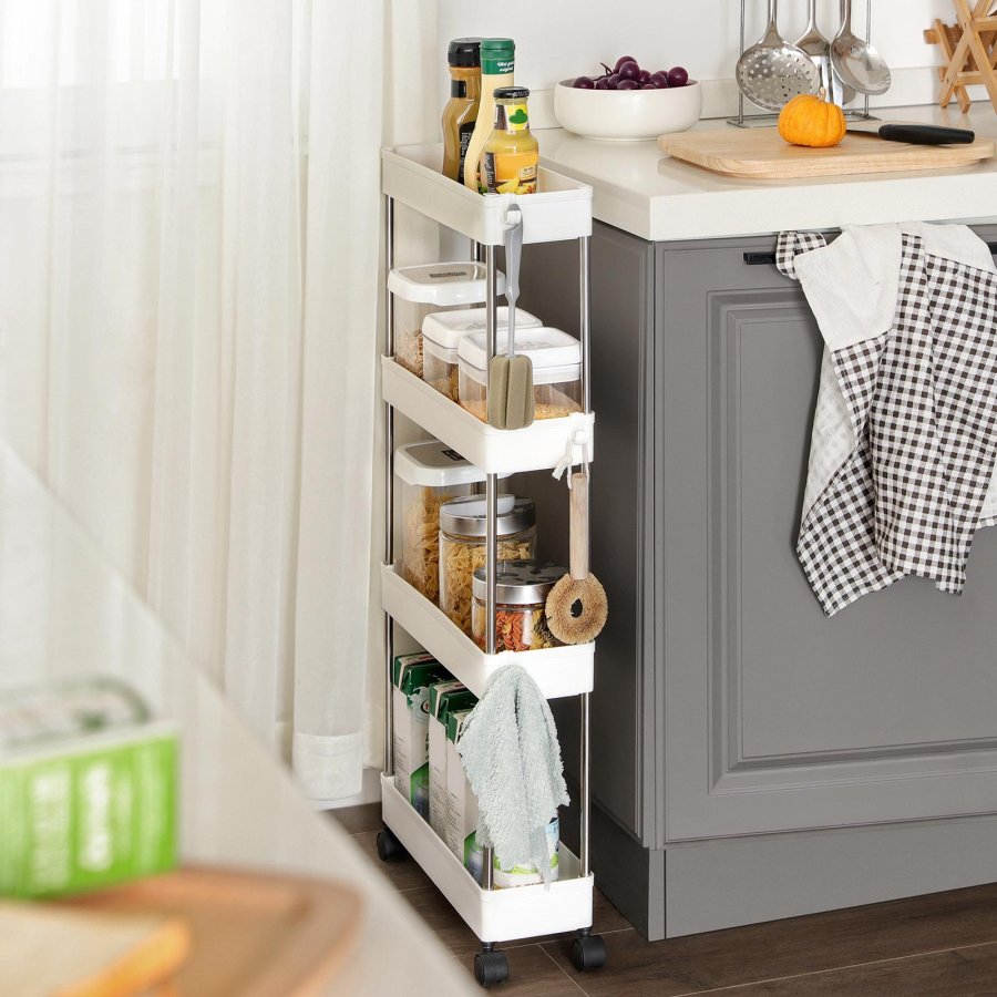 SONGMICS F�rvaringsvagn med 4 v�ningar p� hjul, Plastf�rvaringsenhet, Platsbesparande hyllorganisat�r f�r sm� utrymmen, Badrum/K�k, 40 x 12,5 x 88 cm, Vit KSC08WT