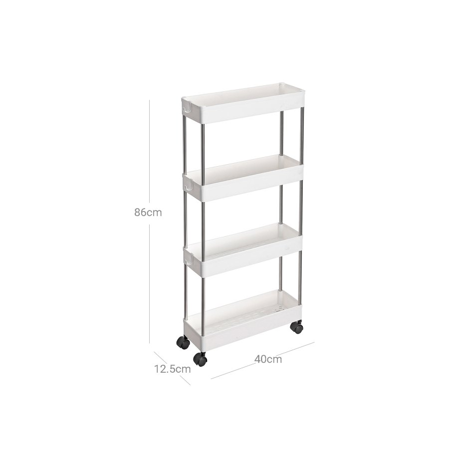 SONGMICS F�rvaringsvagn med 4 v�ningar p� hjul, Plastf�rvaringsenhet, Platsbesparande hyllorganisat�r f�r sm� utrymmen, Badrum/K�k, 40 x 12,5 x 88 cm, Vit KSC08WT