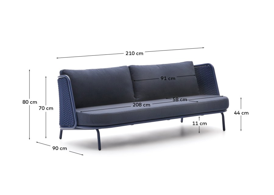 KAVE HOME Sedalis utendrs 3-seters sofa i aluminium og bltt tau 210 cm