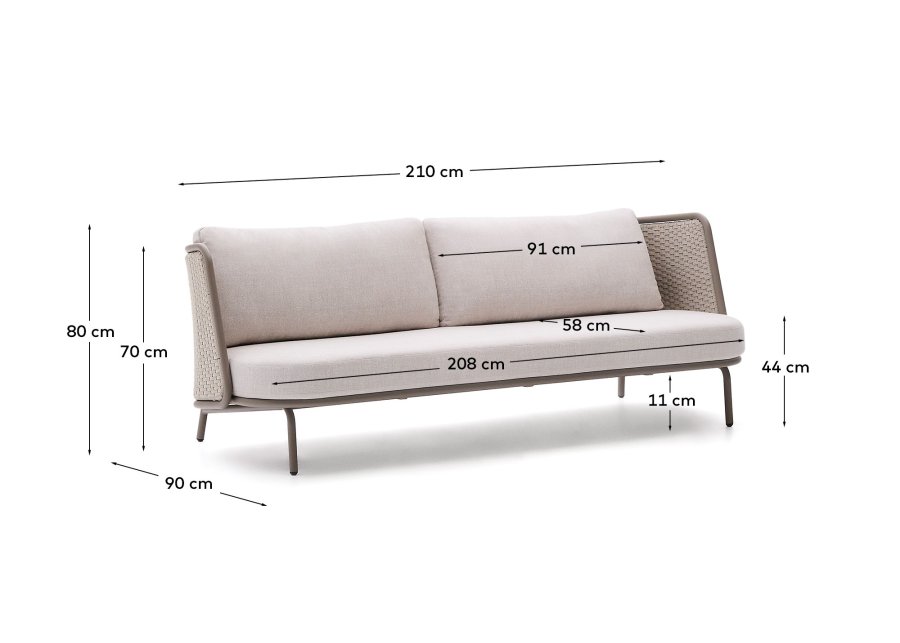KAVE HOME Sedalis utendrs 3-seters sofa i aluminium og taupefarget tau 210 cm
