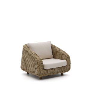 KAVE HOME Meria udendrs lnestol, m. armln - beige hynder - ecru/lysebrun syntetisk rattan/akacie
