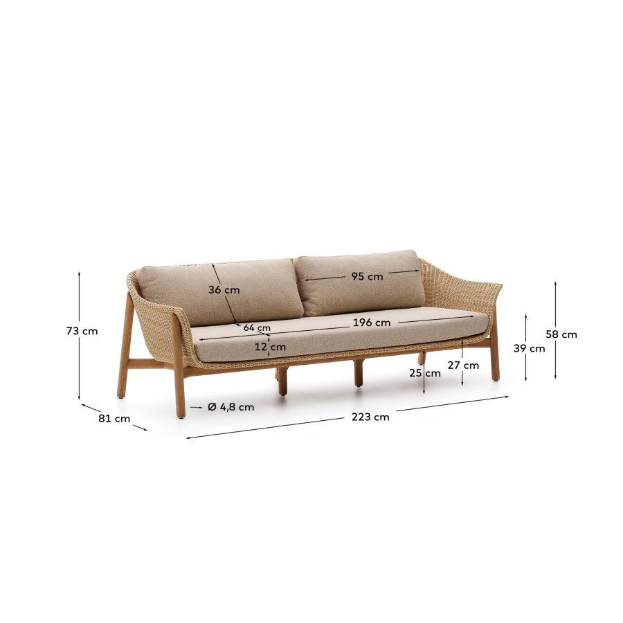 KAVE HOME Galea 3-seters sofa i FSC 100 % heltre teak og syntetisk rotting 223 cm