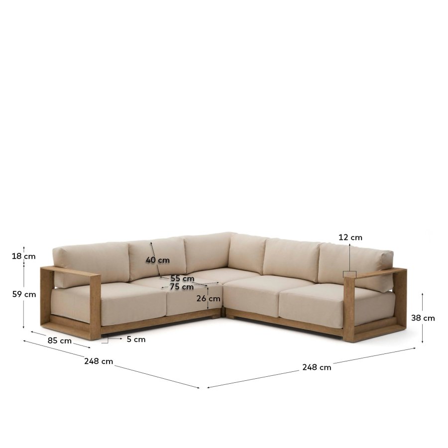 KAVE HOME Ambra 5-seters hjrnesofa i heltre akasie med lys overflate 248 cm