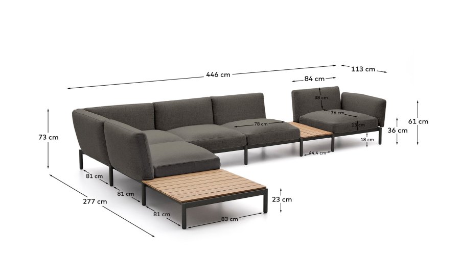  KAVE HOME Sorells udend�rs modul�r 5-pers. hj�rnesofa - gr� stof og gr� aluminium