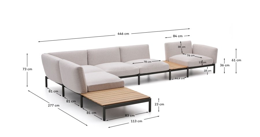 KAVE HOME Sorells udend�rs modul�r 5-pers. hj�rnesofa - beige stof og gr�n aluminium