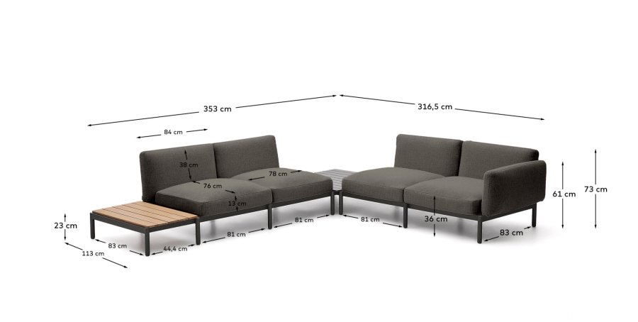 KAVE HOME Sorells udend�rs modul�r 4-pers. hj�rnesofa - gr� stof og gr� aluminium