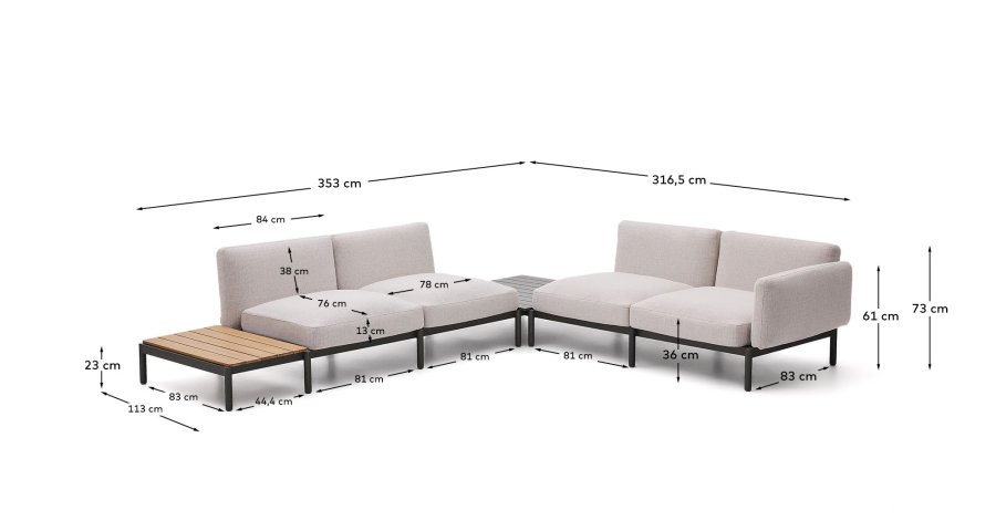 KAVE HOME Sorells udend�rs modul�r 4-pers. hj�rnesofa - beige stof og gr� aluminium