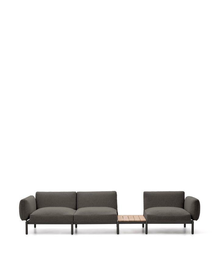 KAVE HOME Sorells udend�rs modul�r 3-personers sofa med gr�t polstring og gr�t aluminium med teaktr�sgulv