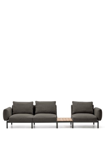 KAVE HOME Sorells udend�rs modul�r 3-personers sofa med gr�t polstring og gr�t aluminium med teaktr�sgulv