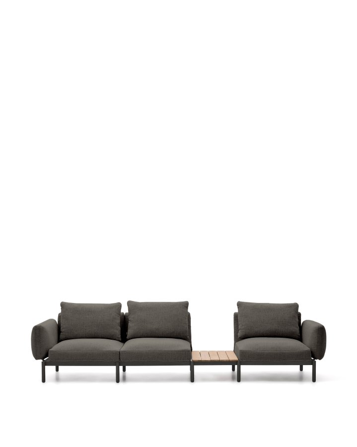 KAVE HOME Sorells udend�rs modul�r 3-personers sofa med gr�t polstring og gr�t aluminium med teaktr�sgulv