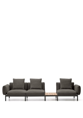 KAVE HOME Sorells udend�rs modul�r 3-personers sofa med gr�t polstring og gr�t aluminium med teaktr�sgulv
