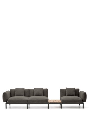 KAVE HOME Sorells udend�rs modul�r 3-personers sofa med gr�t polstring og gr�t aluminium med teaktr�sgulv