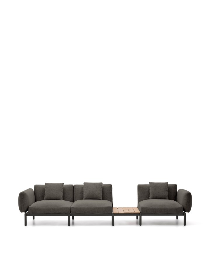 KAVE HOME Sorells udend�rs modul�r 3-personers sofa med gr�t polstring og gr�t aluminium med teaktr�sgulv