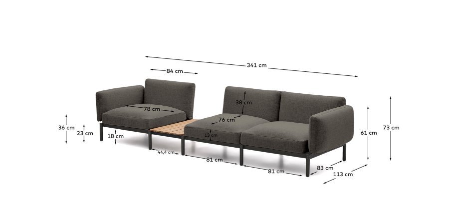 KAVE HOME Sorells udend�rs modul�r 3-personers sofa med gr�t polstring og gr�t aluminium med teaktr�sgulv