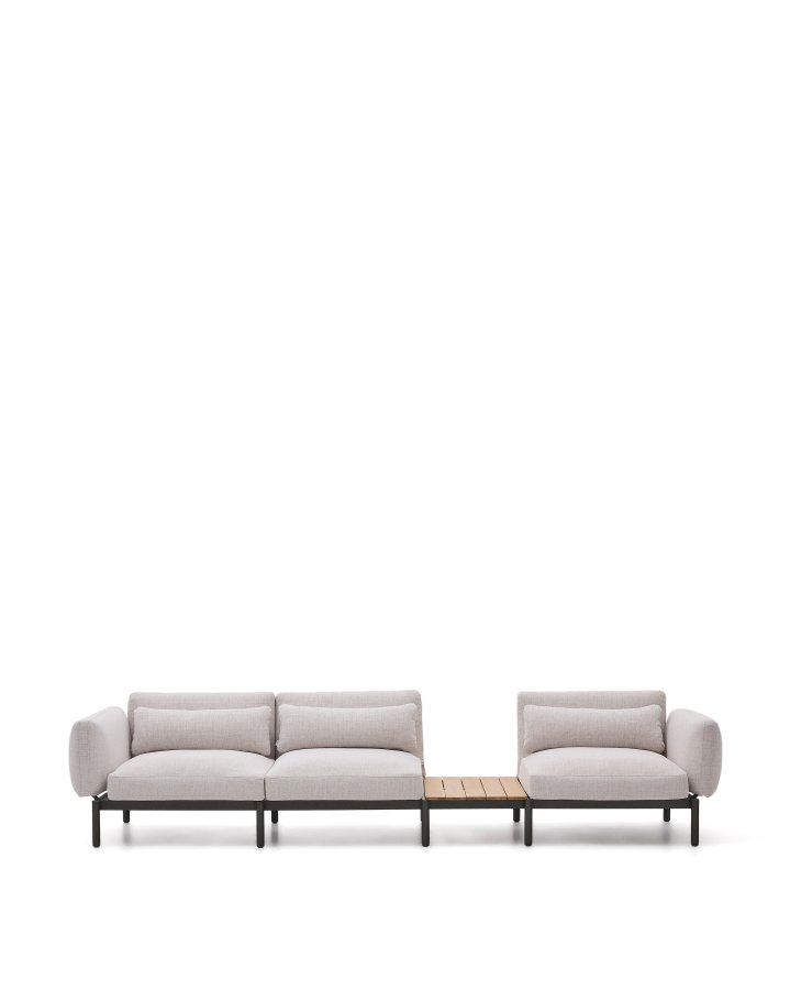 KAVE HOME Sorells udend�rs modul�r 3-personers sofa med beige polstring og gr� aluminium med teaktr�sunderlag