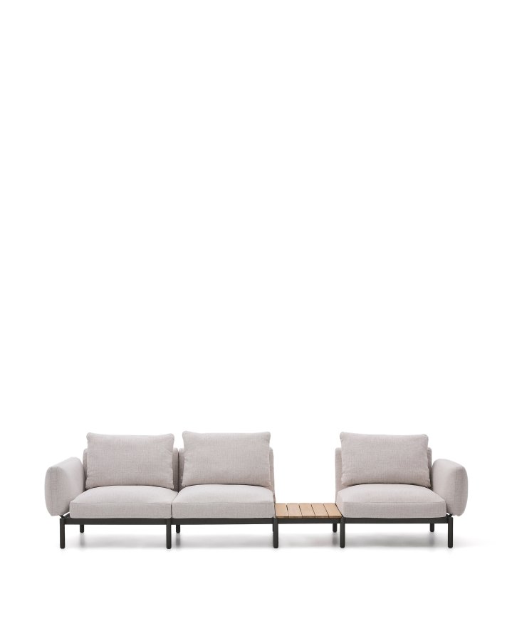 KAVE HOME Sorells udend�rs modul�r 3-personers sofa med beige polstring og gr� aluminium med teaktr�sunderlag