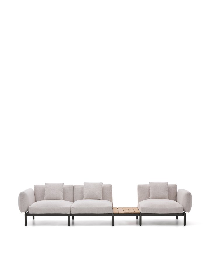 KAVE HOME Sorells udend�rs modul�r 3-personers sofa med beige polstring og gr� aluminium med teaktr�sunderlag