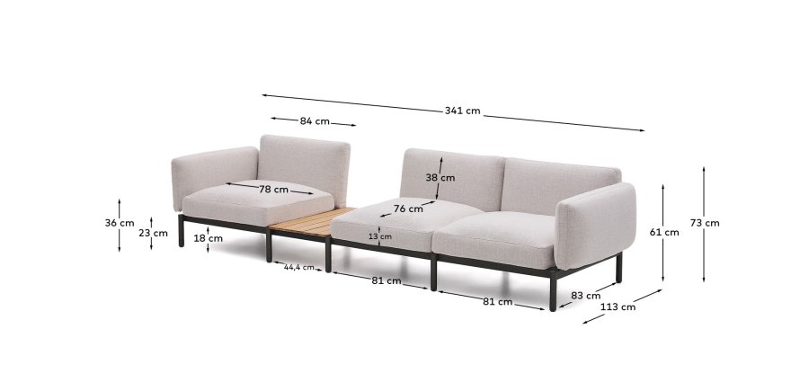 KAVE HOME Sorells udend�rs modul�r 3-personers sofa med beige polstring og gr� aluminium med teaktr�sunderlag