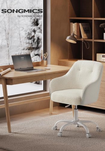 SONGMICS OBG019W01 kontorstol, m. arml�n, drejefunktion, hjul, h�jdejusterbar - cappuccino beige sherpastof og polyurethan og st�l