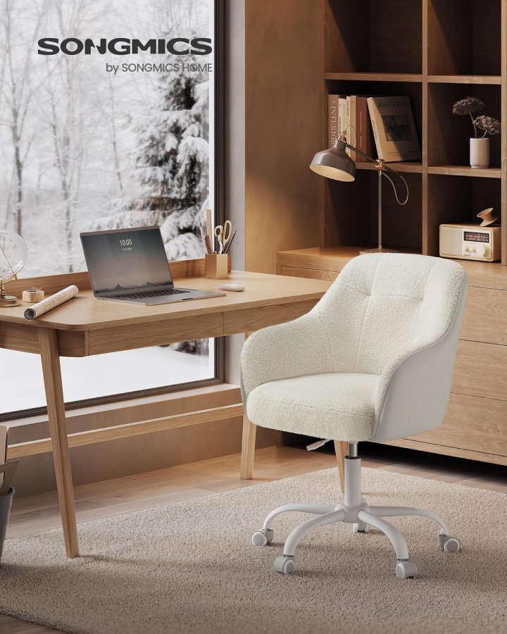 SONGMICS OBG019W01 Hemmakontorsstol Snurrstol H&ouml;jdjusterbar Upp till 110 kg B&auml;rbarhet Andningsbart sherpatyg och polyuretan (PU) F&ouml;r arbetsrum Sovrum Cappuccino Beige