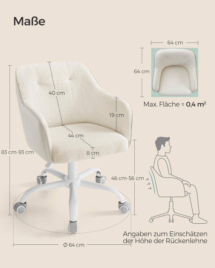 SONGMICS OBG019W01 Hemmakontorsstol Snurrstol H&ouml;jdjusterbar Upp till 110 kg B&auml;rbarhet Andningsbart sherpatyg och polyuretan (PU) F&ouml;r arbetsrum Sovrum Cappuccino Beige