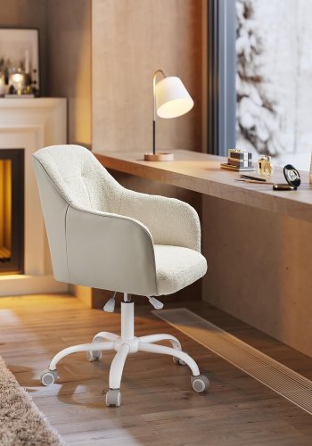 SONGMICS OBG019W01 Hemmakontorsstol Snurrstol H&ouml;jdjusterbar Upp till 110 kg B&auml;rbarhet Andningsbart sherpatyg och polyuretan (PU) F&ouml;r arbetsrum Sovrum Cappuccino Beige