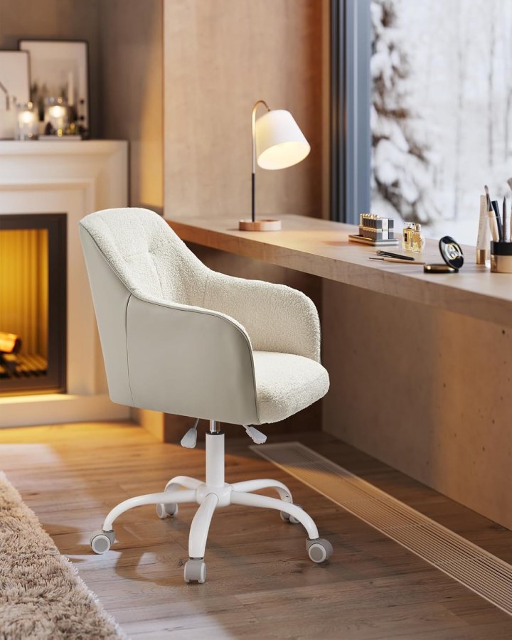 SONGMICS OBG019W01 Hemmakontorsstol Snurrstol H&ouml;jdjusterbar Upp till 110 kg B&auml;rbarhet Andningsbart sherpatyg och polyuretan (PU) F&ouml;r arbetsrum Sovrum Cappuccino Beige