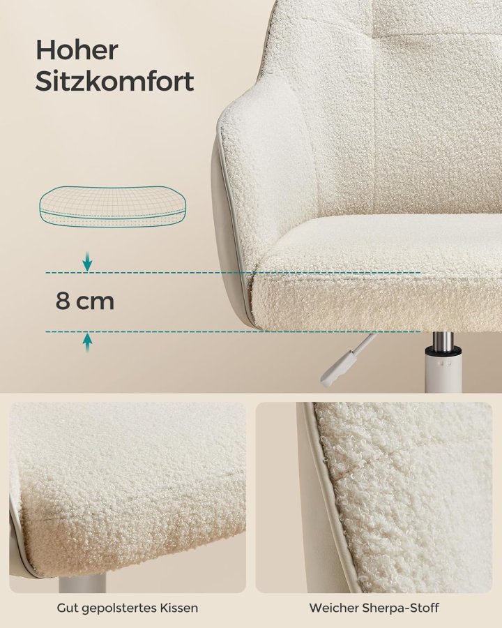 SONGMICS OBG019W01 Hemmakontorsstol Snurrstol H&ouml;jdjusterbar Upp till 110 kg B&auml;rbarhet Andningsbart sherpatyg och polyuretan (PU) F&ouml;r arbetsrum Sovrum Cappuccino Beige