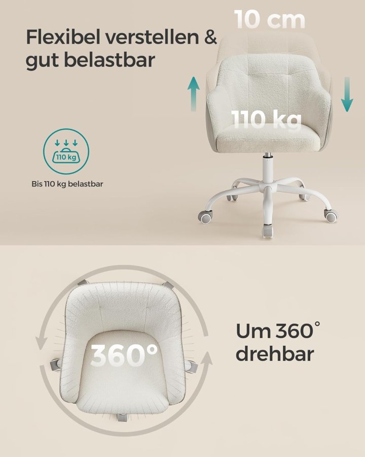 SONGMICS OBG019W01 Hemmakontorsstol Snurrstol H&ouml;jdjusterbar Upp till 110 kg B&auml;rbarhet Andningsbart sherpatyg och polyuretan (PU) F&ouml;r arbetsrum Sovrum Cappuccino Beige