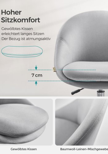 SONGMICS Homeoffice OBG020G01 Snurrstol, Skrivbordsstol, Skumstoppning, H&ouml;jdjusterbar, F&ouml;r Studie, Sovrum, Gr�
