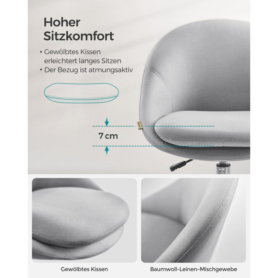 SONGMICS Homeoffice OBG020G01 Snurrstol, Skrivbordsstol, Skumstoppning, H&ouml;jdjusterbar, F&ouml;r Studie, Sovrum, Gr�