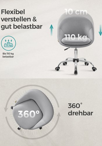 SONGMICS Homeoffice OBG020G01 Snurrstol, Skrivbordsstol, Skumstoppning, H&ouml;jdjusterbar, F&ouml;r Studie, Sovrum, Gr�