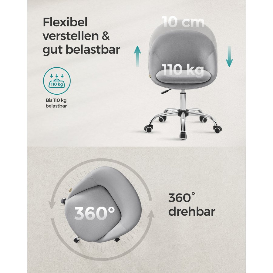 SONGMICS Homeoffice OBG020G01 Snurrstol, Skrivbordsstol, Skumstoppning, H&ouml;jdjusterbar, F&ouml;r Studie, Sovrum, Gr�