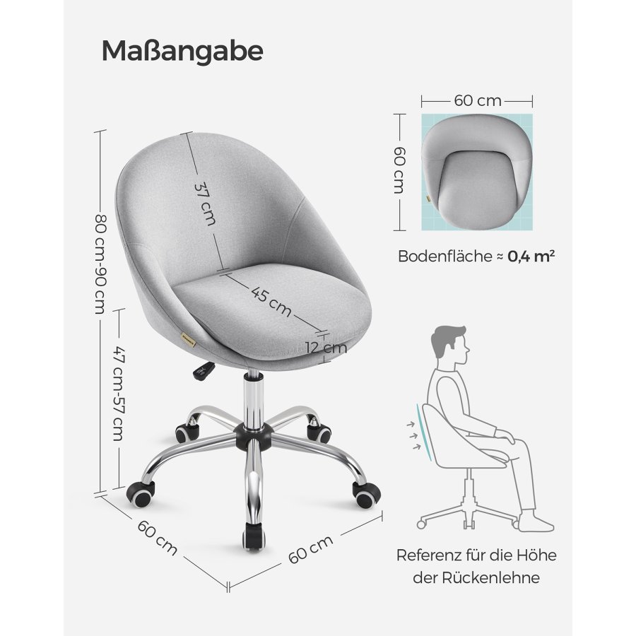 SONGMICS Homeoffice OBG020G01 Snurrstol, Skrivbordsstol, Skumstoppning, H&ouml;jdjusterbar, F&ouml;r Studie, Sovrum, Gr�