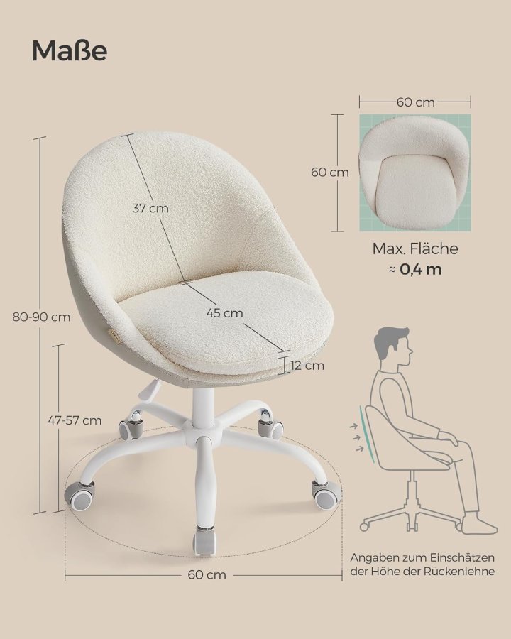 SONGMICS Sherpa sminkstol f&ouml;r hemmakontor, kontorsstol, skumstoppning, h&ouml;jdjusterbar, f&ouml;r arbetsrum, sovrum, cappuccino beige/molnvit OBG020W01