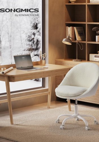 SONGMICS OBG020W01 Sherpa kontorstol, m. drejefunktion, hjul, h�jdejusterbar - cappuccino beige stof/polypropylen og hvid st�l