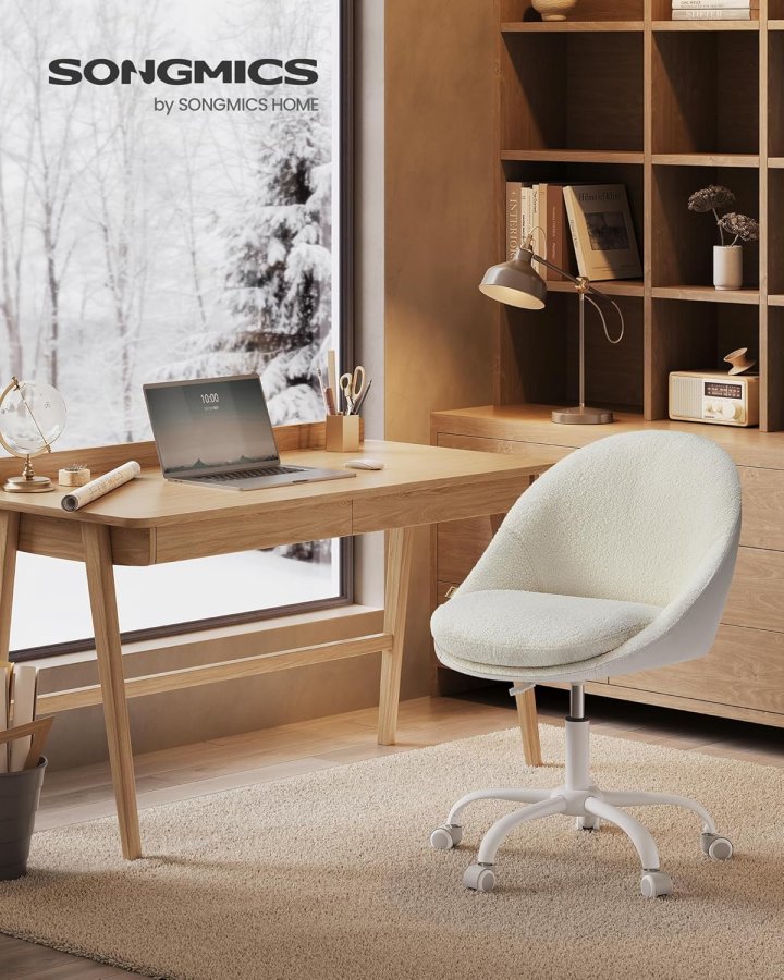 SONGMICS Sherpa sminkstol f&ouml;r hemmakontor, kontorsstol, skumstoppning, h&ouml;jdjusterbar, f&ouml;r arbetsrum, sovrum, cappuccino beige/molnvit OBG020W01