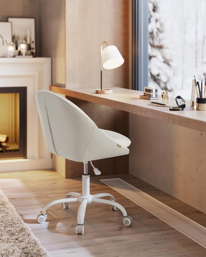 SONGMICS Sherpa sminkstol f&ouml;r hemmakontor, kontorsstol, skumstoppning, h&ouml;jdjusterbar, f&ouml;r arbetsrum, sovrum, cappuccino beige/molnvit OBG020W01