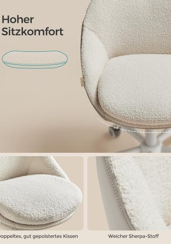SONGMICS Sherpa sminkstol f&ouml;r hemmakontor, kontorsstol, skumstoppning, h&ouml;jdjusterbar, f&ouml;r arbetsrum, sovrum, cappuccino beige/molnvit OBG020W01